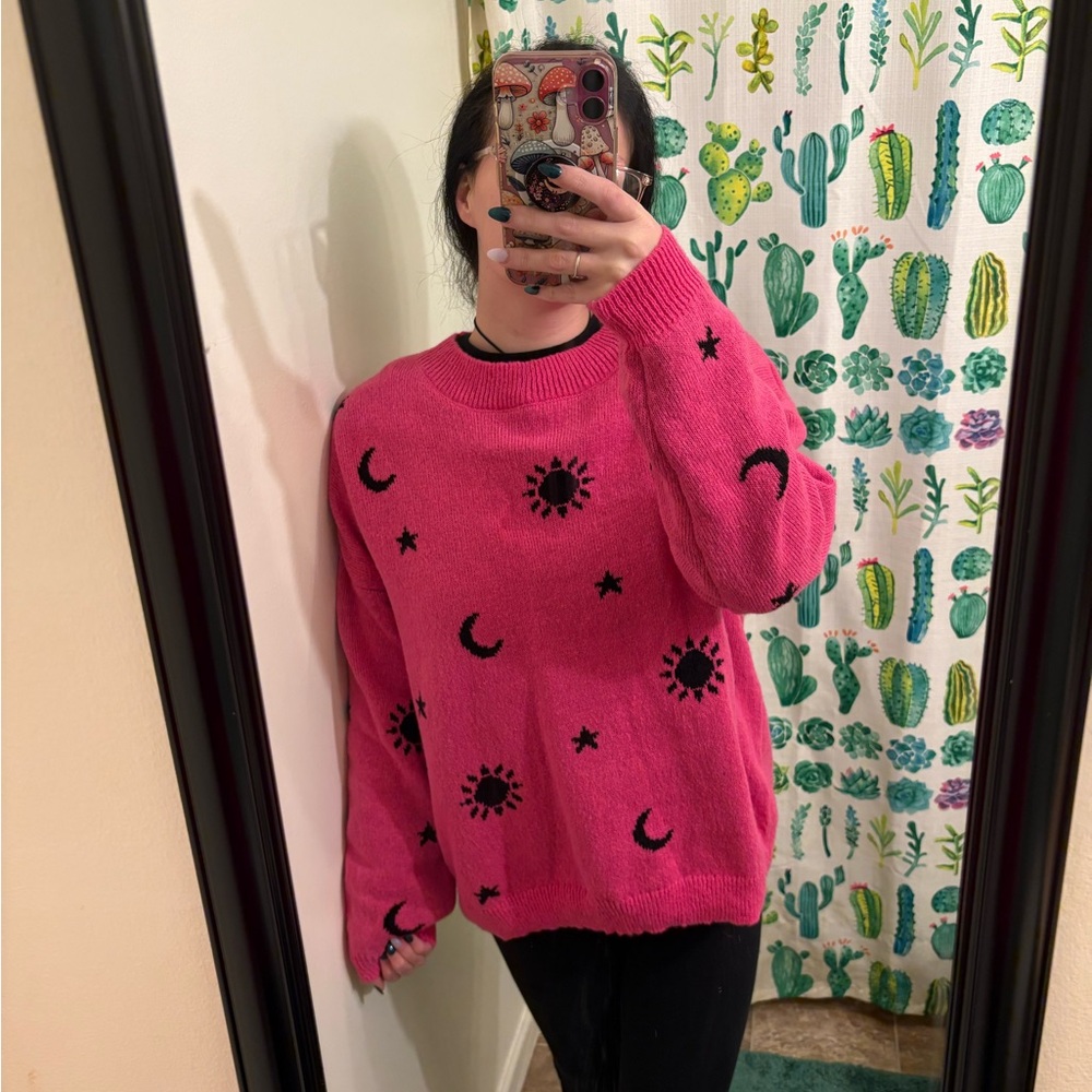 Pink Sweater with Black Celestial Design